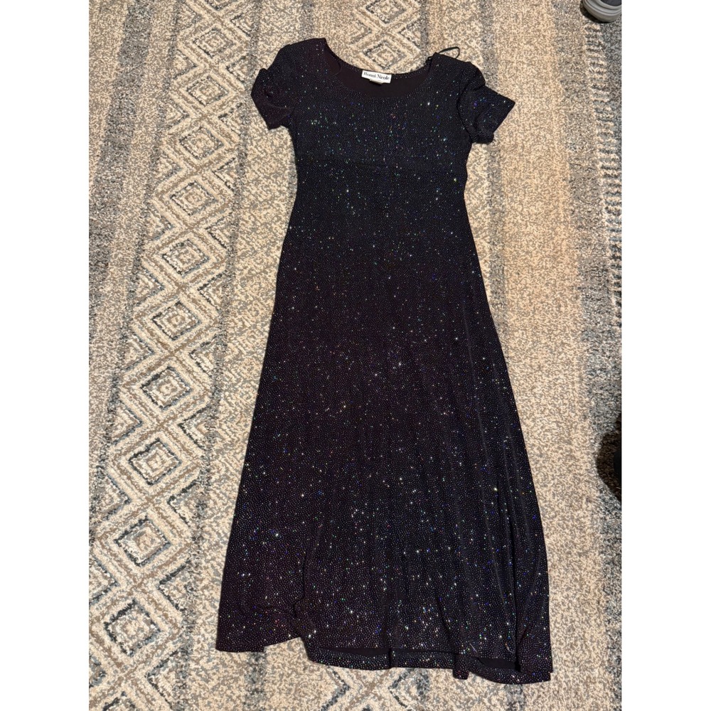 Ronni Nicole Vintage Black Rainbow Glitter Maxi Dress Short Sleeve Size 6 62261